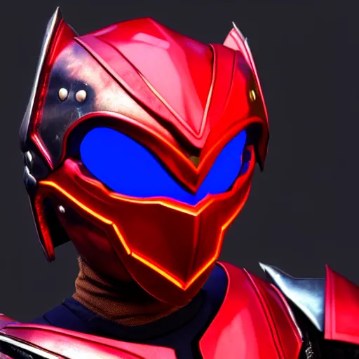 Prompt: High Fantasy Kamen Rider Helmet, red and blue color scheme, 4k, glowing eyes, daytime, rubber suit, dragon inspired pvc armor