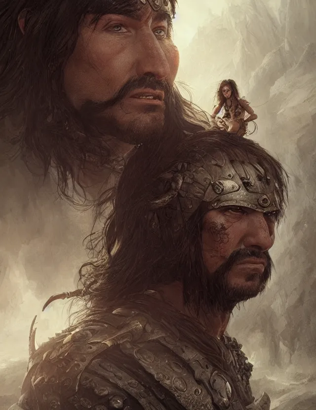 Prompt: face portrait of a john oliver as conan the barbarian, art by ryo shiotani and greg rutkowski, intricate, rule of thirds, beautiful, cute, cinematic lighting, vintage art by serge ivanoff, inspired by adonna khare