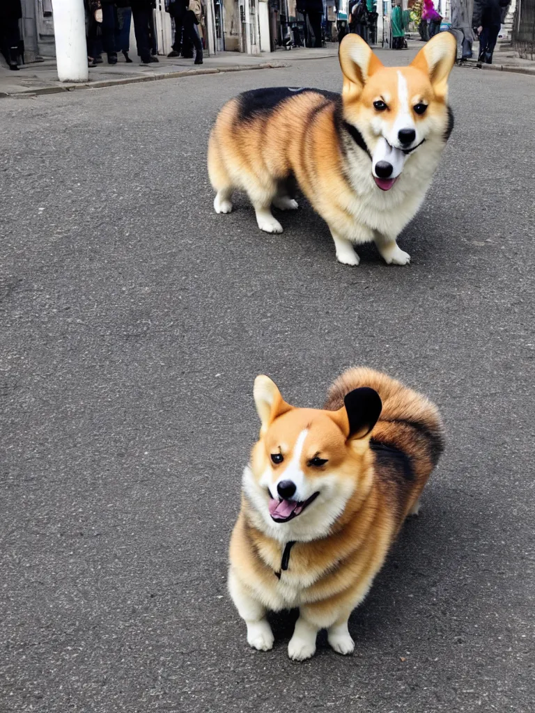 Image similar to happy corgie on the minsk street detalized morning