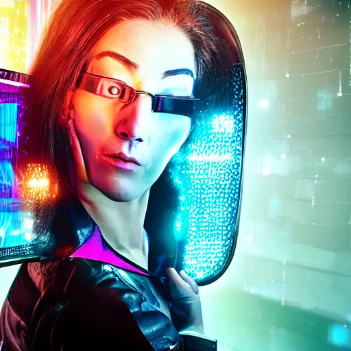 Prompt: a cyberpunk woman with a head fully replaced by a TV that glows pink