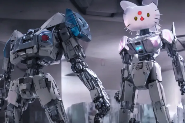 Image similar to 4 k footage from live action sci - fi film about mecha hello kitty, action shot, giant robot hello kitty