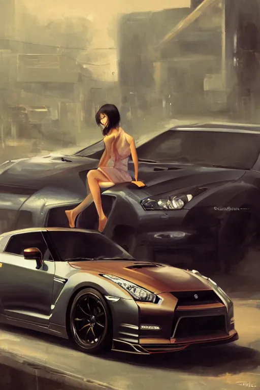 Image similar to A ultradetailed beautiful panting of a stylish woman sitting on a Nissan GTR, Oil painting, by Ilya Kuvshinov, Greg Rutkowski and Makoto Shinkai