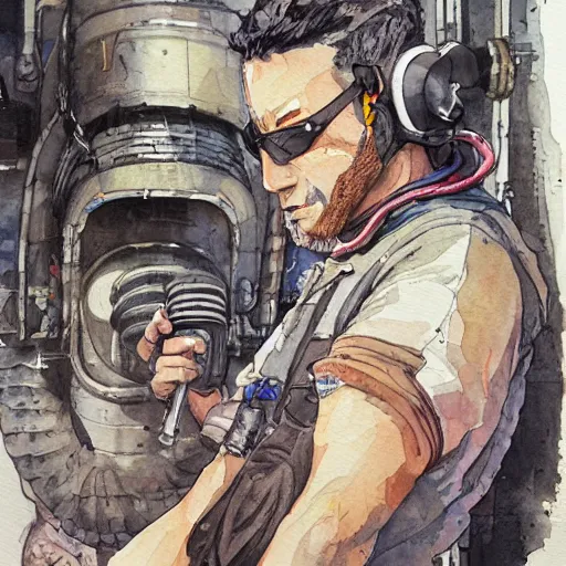 Image similar to watercolor of a cyberpunk mechanic, realistic, detailed, Industrial Scifi, in the style of Ashley Wood and Moebius