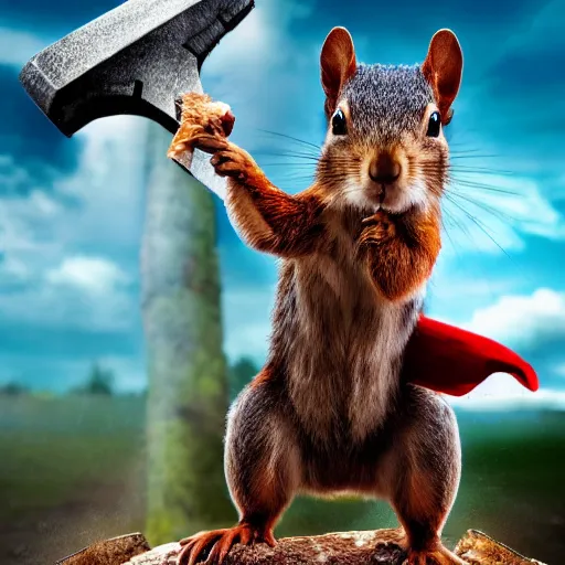 Image similar to the squirrel thor ~ holding his hammer ~ dramatic thunder background ~ fighting scene ~