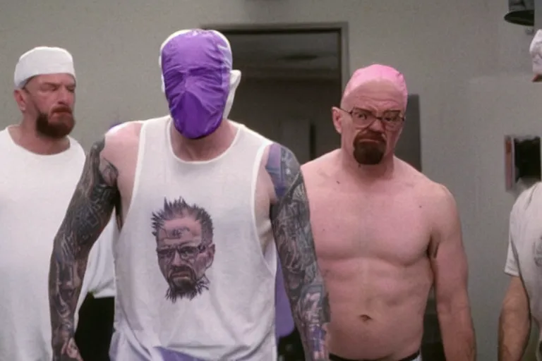 Prompt: walter white as a white gang member wearing a purple head covering made from a polyester or nylon material and a stained white tank top beating up a rival gang member in the prison yard, arms covered in gang tattoo, paparazzi, leaked footage, uncomfortable, bad quality