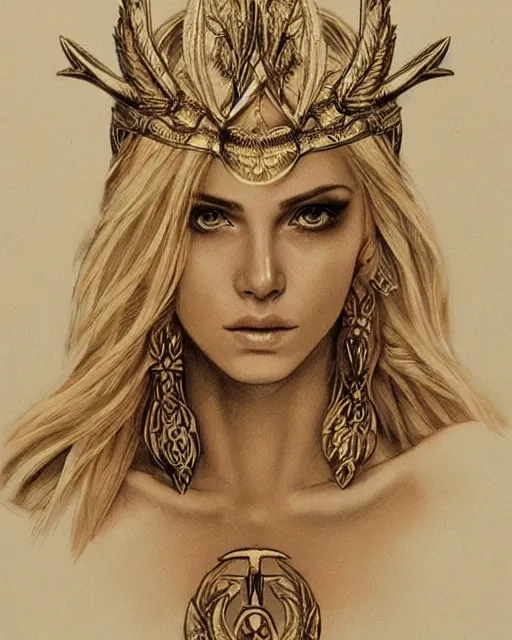 Image similar to tattoo sketch of hot blonde super model as aphrodite greek goddess wearing a gold laurel wreath and triangle earrings, beautiful piercing gaze with sharp pupils, in the style of greg rutkowski, fantasy, amazing detail, epic, elegant, smooth, sharp focus, front view