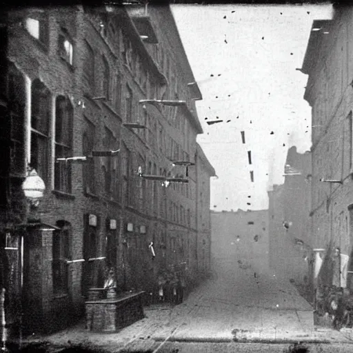 Prompt: grainy 1800s photo of a city street with flying machines above dropping incendiary bombs on it