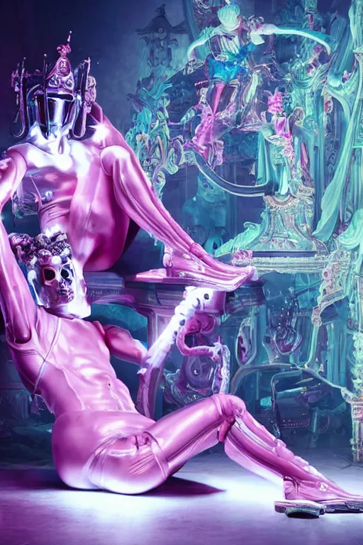 Image similar to full-body rococo and cyberpunk style neon statue of a muscular attractive Liam Payne macho dotado e rico android sim roupa reclining con las piernas abertas e la piroca dura, glowing white laser eyes, prince crown of pink gears, diamonds, swirling silver-colored silk fabric. futuristic elements. full-length view. space robots. human skulls. intricate artwork by caravaggio. Trending on artstation, octane render, cinematic lighting from the right, hyper realism, octane render, 8k, depth of field, 3D