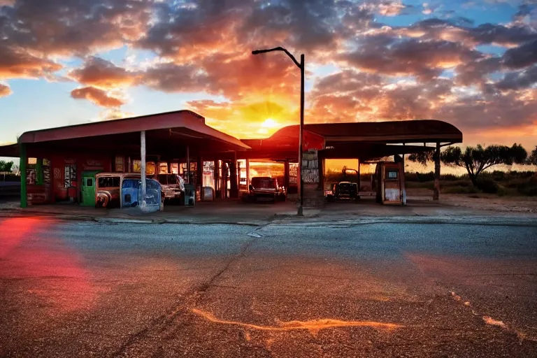 Image similar to a sunset light landscape with historical route 6 6, lots of sparkling details and sun ray ’ s, blinding backlight, smoke, volumetric lighting, colorful, octane, 3 5 mm, abandoned gas station, old rusty pickup - truck, beautiful epic colored reflections, very colorful heavenly, softlight