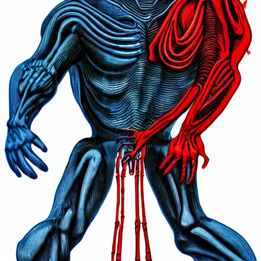 Image similar to anatomically correct diagram of alien, quadruped, h. r. giger, red and blue, 8 feet fall, monstrous, fiendish