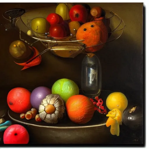 Prompt: Still life with impossible 4d alien glowing fruits, roast grue, in orbital space ship, fine art oil painting, dutch masters