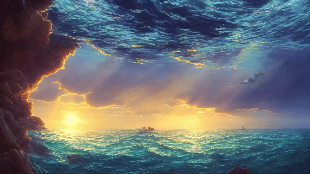 Image similar to underwater sea, summer, sun rays shining through the surface, dolphins swimming, peaceful, amazing, by andreas rocha and john howe, and Martin Johnson Heade, featured on artstation, featured on behance, golden ratio, ultrawide angle, f32, well composed