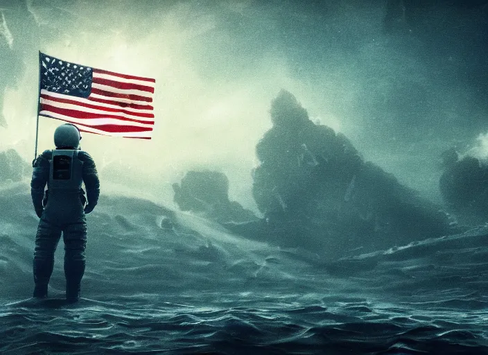 Image similar to astronaut holding a flag in an underwater desert. a submarine is visible in the distance. dark, concept art, cinematic, dramatic, atmospheric, 8 k, trending on artstation, blue, fish, low visibility, fog, ocean floor, christopher nolan, interstellar