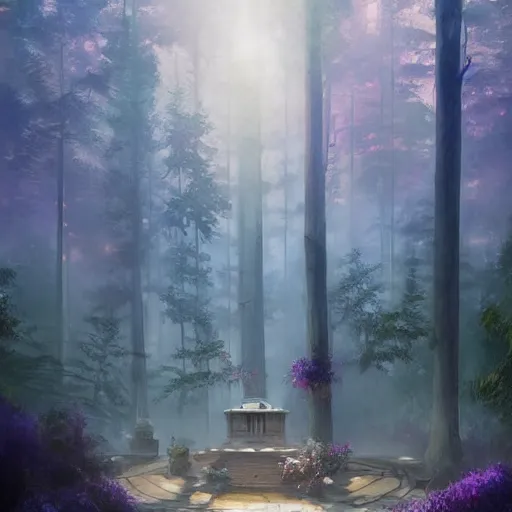 Image similar to mystical realistic poster with shaded lighting by craig mallismo, artgerm, jeremy lipkin and michael garmash, radiant light, detailed and complex environment solace, peaceful mist, beautiful, utopic spiritual city with temples, old growth pine trees, overlaid sacred geometry, with implied lines, gradient of purple and blue
