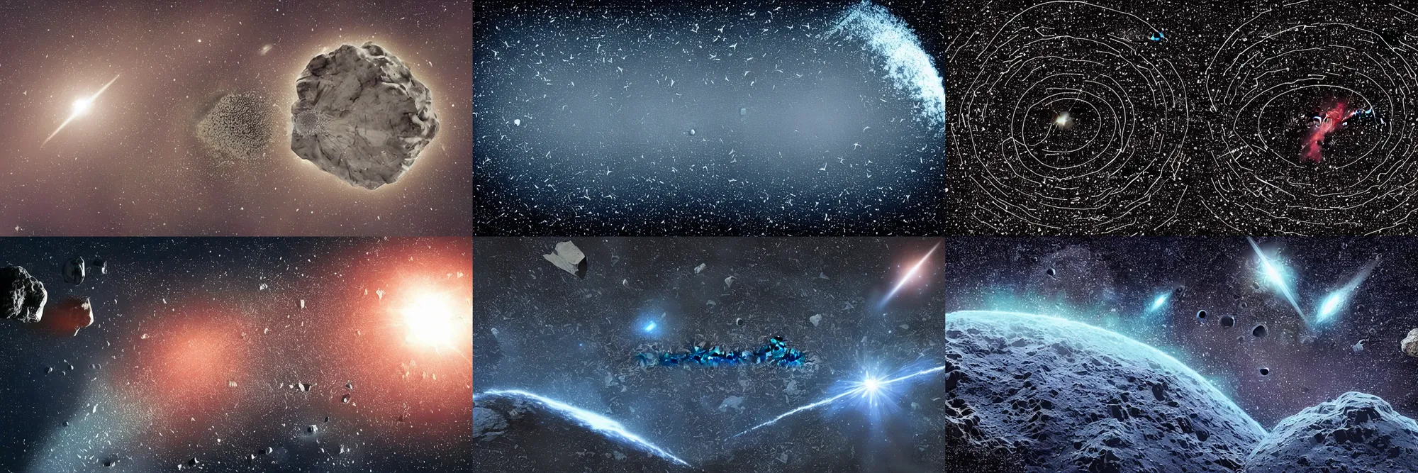 Prompt: a shower of asteroids hitting a planet, from outer space, beautiful outline illustration