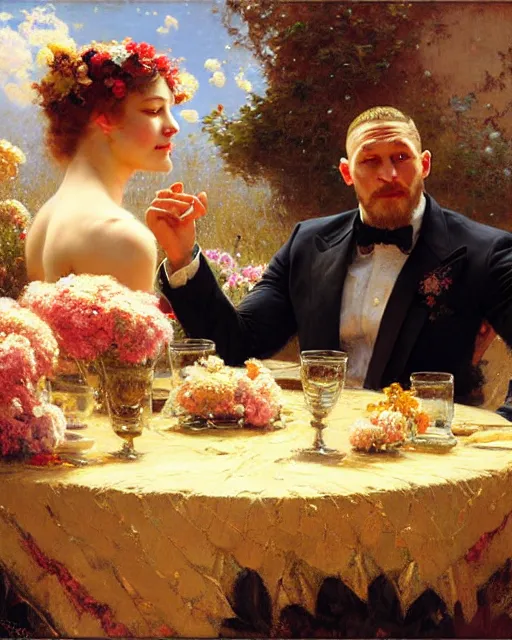 Image similar to tom hardy admiring a table full of flowers, golden hour painting by gaston bussiere, craig mullins, j. c. leyendecker