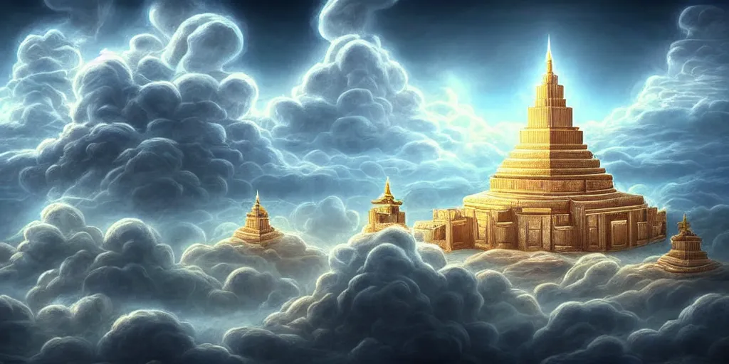 Image similar to hidden imagery floating temple in the sky incredible digital art optical illusion, superb detailed clouds shaped like the second temple in jerusalem, awe inspiring, masterpiece surrealism, digital art trending on artstation awesome award winning