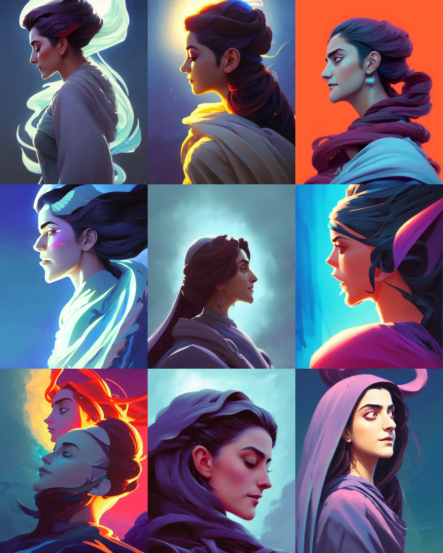 Prompt: side profile centered painted portrait, Maya Ali as a storm sorcerer, D&D, matte painting concept art, beautifully backlit, official fanart, 4k, HDR, Trending on artstation, Behance, Art Nouveau, chromatic colours, by Jesper Ejsing and RHADS and Makoto Shinkai and Lois van baarle and ilya kuvshinov and rossdraws and Cushart Krentz and Gilleard James