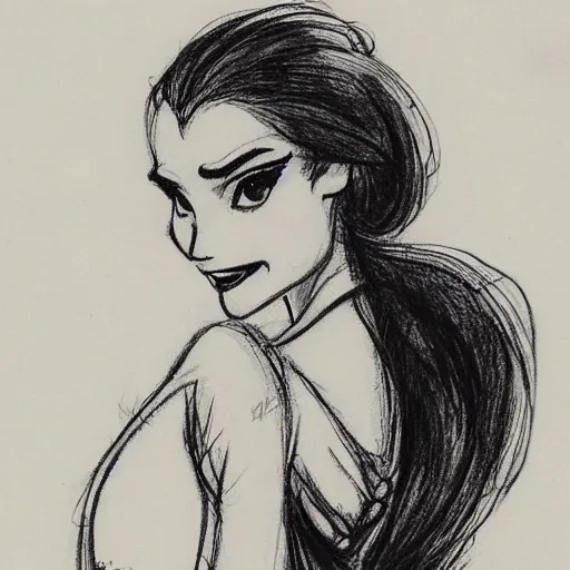 Image similar to milt kahl sketch of vanessa hudgeons with done up hair, tendrils covering face and ponytail as princess padme from star wars episode 3