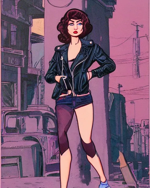 Image similar to young female protagonist in leather jacket, city street, artwork by ralph bakshi