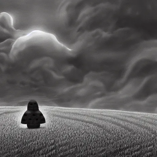 Prompt: golem in horizont, field, mystery, matte painting, brushes