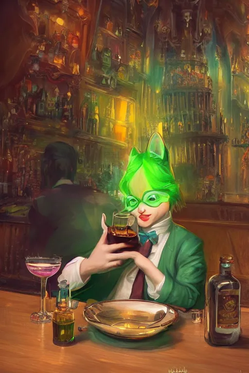 Image similar to a cute cat drinkng absinthe in Paris, vivid colors, high details, cinematic, 8k resolution, beautiful detailed, photorealistic, digital painting, artstation, concept art, smooth, sharp focus, illustration, fantasy background, artstation trending, octane render, unreal engine