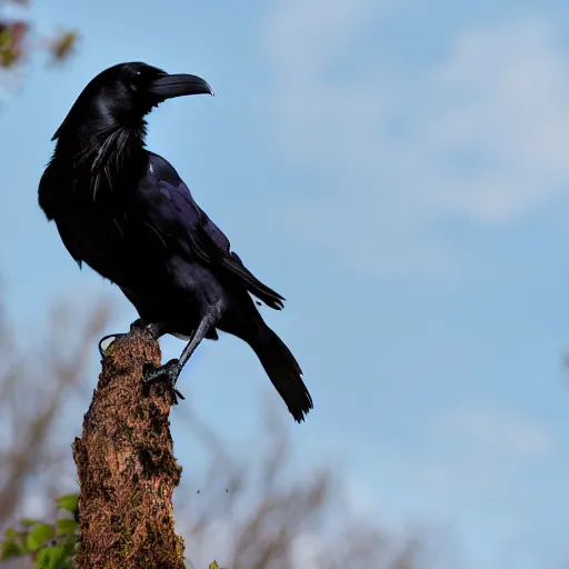 Image similar to A high quality photo of a raven perched on a tree, 4k, detailed, focus on a raven