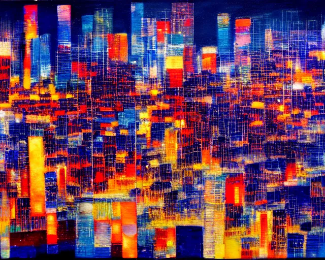 Image similar to an abstract picture of a city at night, an abstract painting by otake chikuha, pixiv, lyrical abstraction, mixed media, cityscape, dynamic composition