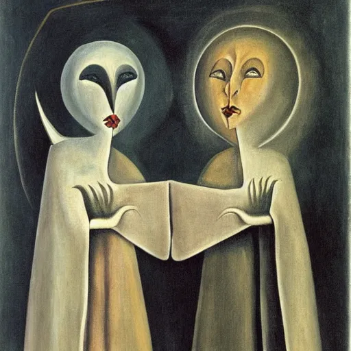 Image similar to the devil meets the nun, leonora carrington