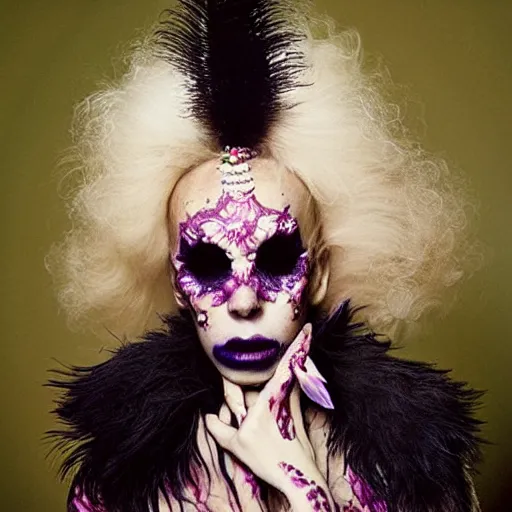 Image similar to Flamboyant necromancer!!!!!!!!!!, portrait, !!!!!!!!!fashion photography!!!!!!!, by Juergen Teller