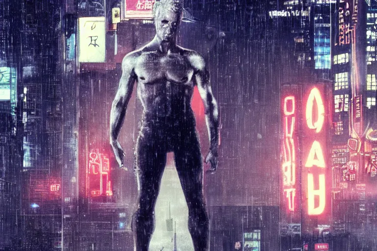 Image similar to roy batty with a bare torso sits in the lotus position with his head bowed in the rain on the roof of a building in the cyberpunk future, around neon signs, a little haze, night, realistic proportions, anime style ghost in armor