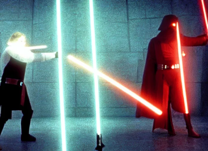 Image similar to screenshot from the film, Luke Skywalker faces off against unknown sith lord in electricity filled temple, 1970s film directed by Stanley Kubrick, Kodak color film, LUT, 4K, hyperdetailed, iconic scene, moody cinematography, anamorphic lenses