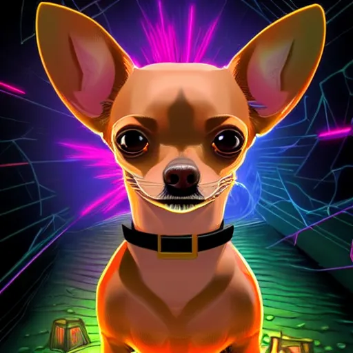 Prompt: a chihuahua with a third eye living in an extradimensional reality, in the style of 9 0 s and goof troop, illustration, epic, fantasy, hyper detailed, smooth, unreal engine, sharp focus, ray tracing, physically based rendering