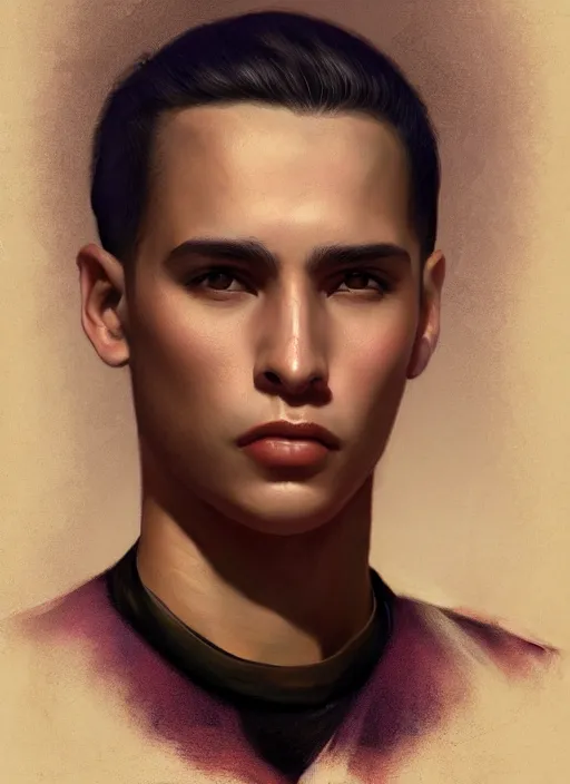 Image similar to magic realism portrait of a handsome young latino gang member in el paso, art by manuel sanjulian and tom bagshaw, hyperrealism, artstation