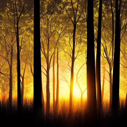 Prompt: photorealistic photo of a forest at sunset, highly detailed