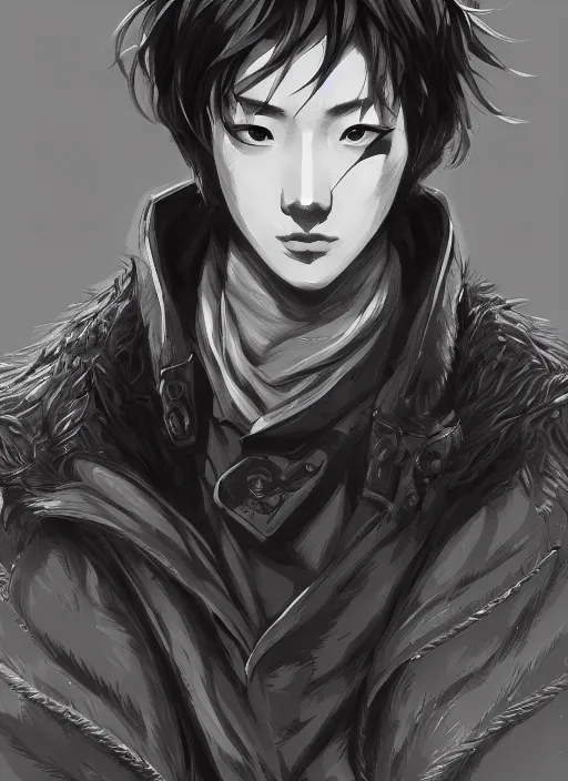 Image similar to a highly detailed illustration of young attractive japanese guy wearing black detective coat, yellow eyes, dramatic standing pose, hyperdetailed perfect face, intricate, elegant, highly detailed, centered, digital painting, artstation, concept art, smooth, sharp focus, league of legends concept art, wlop.