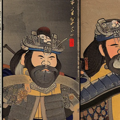 Image similar to samurai dwarves, japanese fine art, intricate details