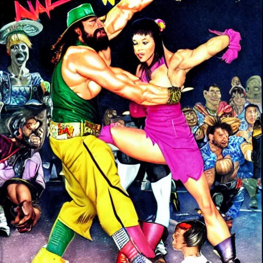 Prompt: macho man randy savage fights chun-li, norman rockwell style