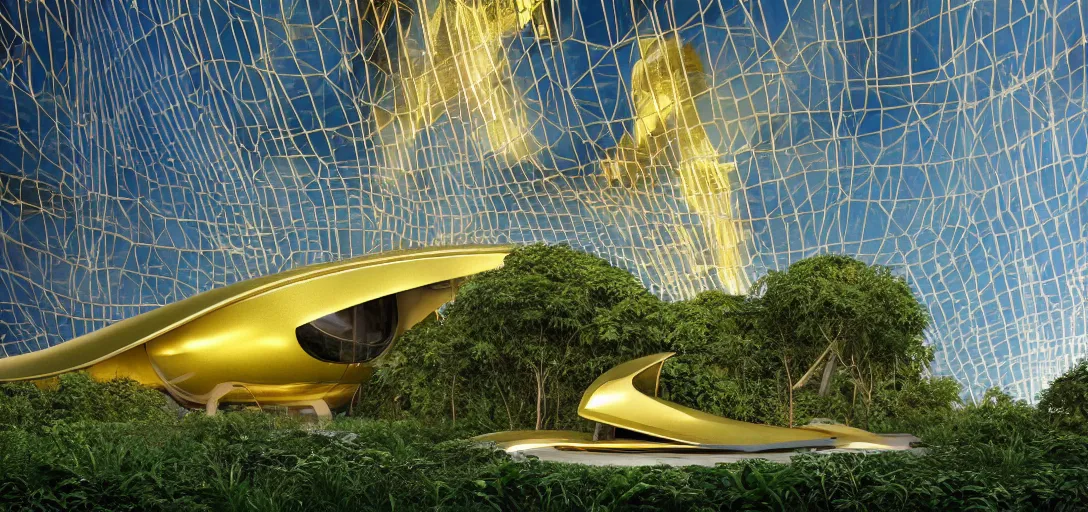 Image similar to futuristic shinny golden mirror building camouflaged in an jungle landscape of a solarpunk world by frank gerhy and oscar niemeyer, shinny golden roads and bridges designed by zaha hadid, movie poster, spiral golden ratio, at dusk lighting, evening lighting, reflections, film still, hyper realistic, octane render redshift arnold materials unreal engine, 8 k post production, hyper detailed