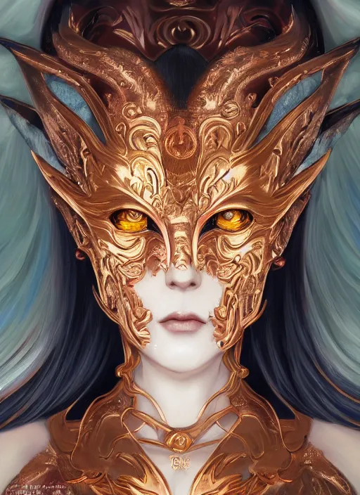 Image similar to a beautiful detailed oil on copper art illustration of a japanese okame mask devil woman, centered, by charlie bowater, zeng fanzh, trending on artstation, dim dusk lighting, cinematic lighting, detailed lighting, volumetric lighting, realistic, f 8, 4 k hd wallpaper