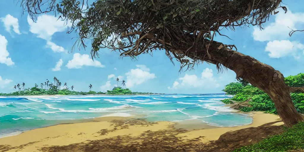 Image similar to sri lankan beach, drawn by hayao miyazaki