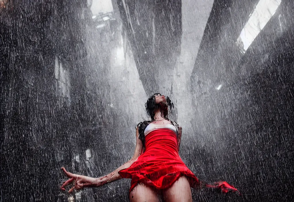 Prompt: hyperdetailed cinematic photo looking up from the ground at sexy girl wearing a see through white tank top and red mini skirt getting soaked in the rain using a wall mounted screen interface blade runner aesthetic