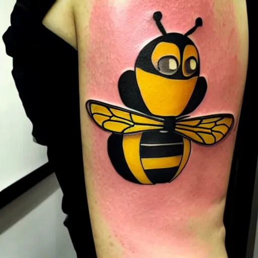 Image similar to a tattoo of bee movie by pixar on the clear back of a woman with crimson - red hair, tattooist is anonymous