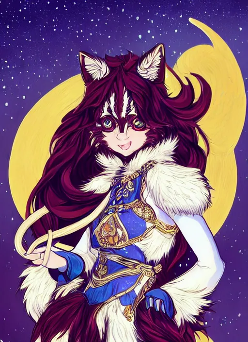 Prompt: commissioned full body portrait of a female anthro wolf princess fursona with a wolf head white fur and long red hair hair wearing a blue and gold Japanese armored dress in a white and gold palace on a starry night with a large crescent moon, by a professional manga illustrator, by Kilian Eng, by Sandra Chevrier, trending on artstation