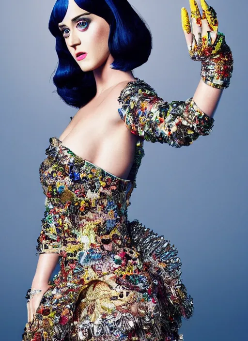 Image similar to katy perry styled by nick knight posing, full body shot, intricate headpiece, vogue magazine, canon, highly realistic. high resolution. highly detailed. dramatic. 8 k. 4 k.