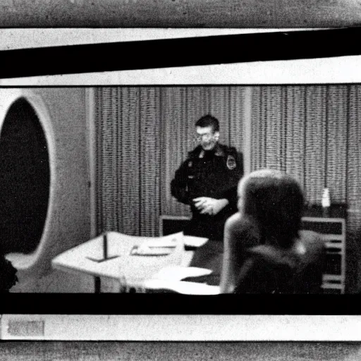 Prompt: surveillance footage of a giant eyeball being interrogated by police in an interrogation room