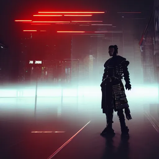 Prompt: cyberpunk samurai in a dytopian future, ultra realistic, fog, raytracing, reflections, rain, octane render