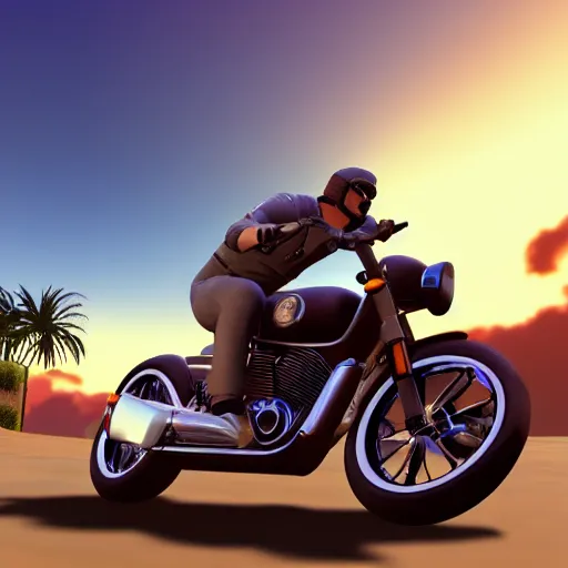 Prompt: a photo of jair messias bolsonaro driving a motorcycle in direction of a sunset, unreal engine 5, 4 k