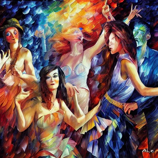 Prompt: rave dance party by arthur adams, charlie bowater, leonid afremov, chiho ashima, karol bak, david bates, tom chambers