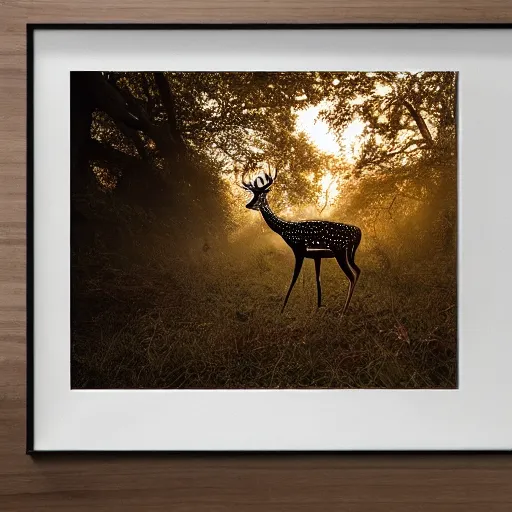 Image similar to a beautiful spotted deer in the woods lit by the morning sky, sunrise, chital, photorealistic, by annie leibovitz and steve mccurry, natural light, canon eos c 3 0 0, ƒ 1. 8, 3 5 mm, 8 k, medium - format print